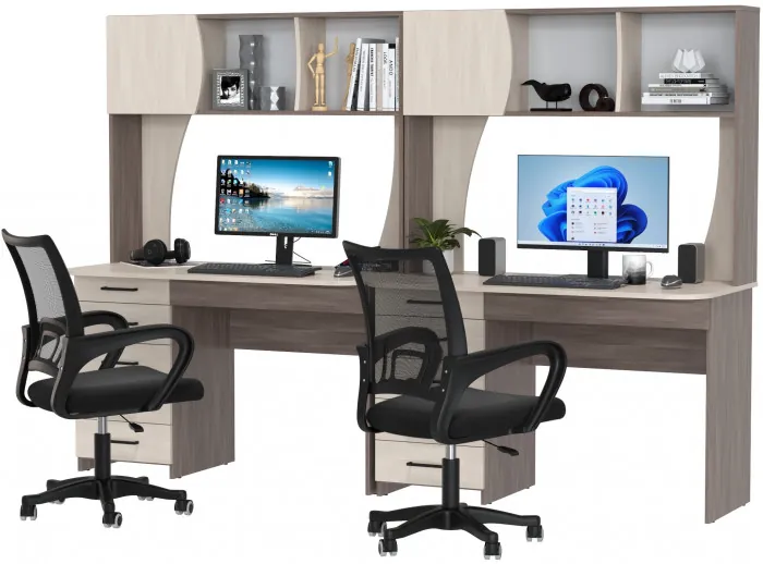 Два стола рабочих 6-0606 Сигма + два кресла 103 чёрных, цвет бодега тёмный/бодега светлый, ШхГхВ 241х60,5х166 см., НЕ универсальная сборка