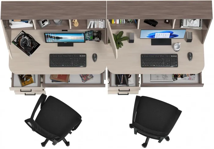 Два стола рабочих 6-0606 Сигма + два кресла 103 чёрных, цвет бодега тёмный/бодега светлый, ШхГхВ 241х60,5х166 см., НЕ универсальная сборка