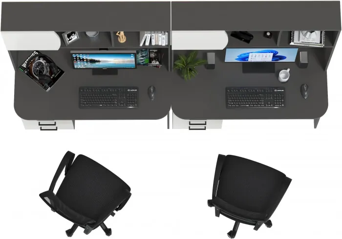 Два стола рабочих 6-0606 Сигма + два кресла 103 чёрных, цвет графит/белый, ШхГхВ 241х60,5х166 см., НЕ универсальная сборка