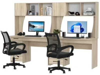 Два стола рабочих 6-0606 Сигма + два кресла 103 чёрных, цвет дуб сонома, ШхГхВ 241х60,5х166 см., НЕ универсальная сборка