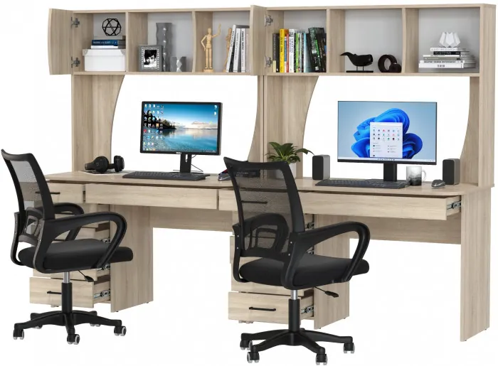 Два стола рабочих 6-0606 Сигма + два кресла 103 чёрных, цвет дуб сонома, ШхГхВ 241х60,5х166 см., НЕ универсальная сборка