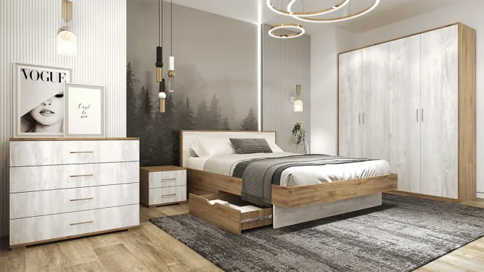 Модульная спальная комната "Мишель" - Дуб наварра/Бетон пайн светлый