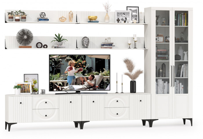 Валенсия Гостиная № 084, цвет ЛДСП белый шагрень/МДФ белый шагрень, ШхГхВ 350,3х38,3х225,2 см., универсальная сборка