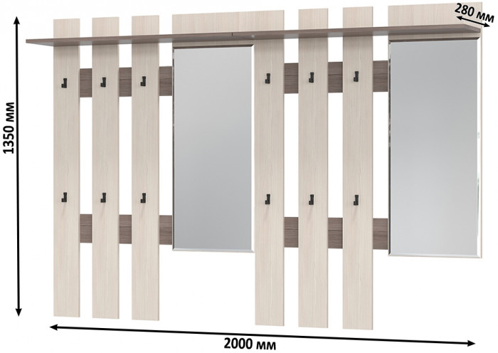 Лира ГК 2-3814+2-3814бод.тем/св Вешалка с зеркалом, цвет бодега тёмный/бодега светлый, ШхГхВ 200х28х135 см., универсальная сборка