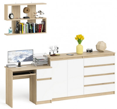 Мори Стол компьютерный МС-1 правый + Комод МК1600.1 + Полка 900, цвет дуб сонома/белый, ШхГхВ 250,4х50х209,6 см., НЕ универсальная сборка
