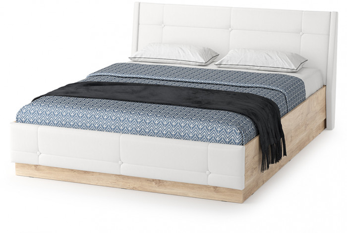 Муссон Кровать 11.28 + подъёмный ортопед + Бостон 12.69, цвет дуб эндгрейн элегантный/искусственная кожа белая, сп. м. 1600х2000 мм., б/м