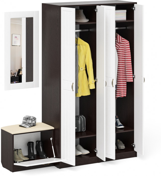 Прихожая П-6 Компоновка № 08, цвет венге/фасады МДФ белое дерево фрезеровка прованс, ШхГхВ 180х50х210 см., универсальная сборка