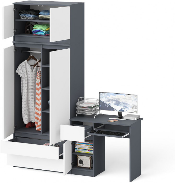 Мори Стол компьютерный МС-1 левый + Шкаф МШ900.1 + Антресоль МА900.1, цвет графит/белый, ШхГхВ 180,4х50,4х234,2 см., выдвижной ящик слева, НЕ ун. сб.