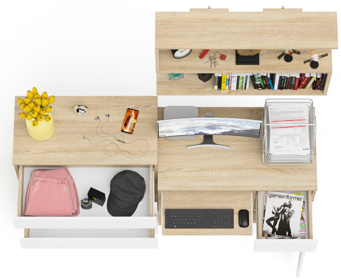 Мори Стол компьютерный МС-1 правый + Комод МК800.4 + Полка 900, цвет дуб сонома/белый, ШхГхВ 170,4х50х209,6 см., НЕ универсальная сборка