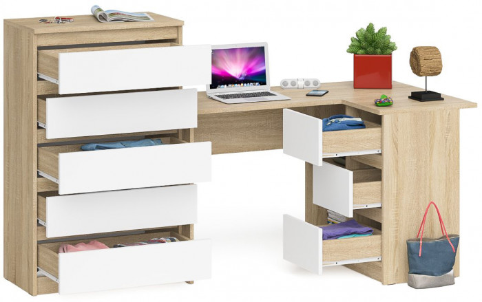 Мори Стол компьютерный МС-16 правый + Комод МК700.5, цвет дуб сонома/белый, ШхГхВ 194,8х84,9х114 см., выдвижные ящики справа, НЕ универс. сборка