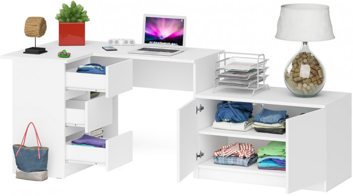 Мори Стол компьютерный МС-16 левый + Тумба МА900.1, цвет белый, ШхГхВ 214,8х84,9х76,6 см., выдвижные ящики слева, НЕ универсальная сборка