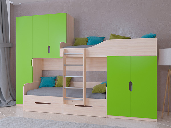 Кровать двухъярусная Лео Дуб молочный/Салатовый