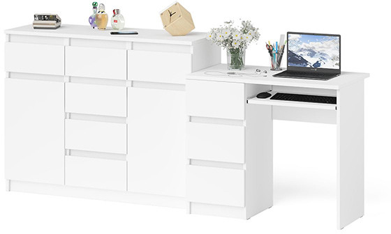 Мори Стол компьютерный МС-6 левый + Комод МК1200.4, цвет белый, ШхГхВ 210,4х50х94 см., выдвижные ящики слева, НЕ универсальная сборка