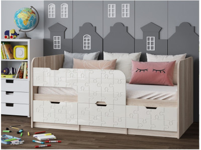 Детская кровать Юниор-9, 80х160 (Белый глянец, Ясень шимо светлый)