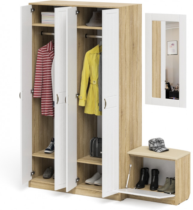 Прихожая П-6 Компоновка № 08, цвет дуб сонома/фасады МДФ белое дерево фрезеровка прованс, ШхГхВ 180х50х210 см., универсальная сборка