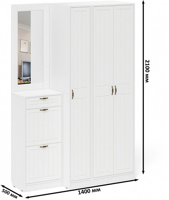 Прихожая П-6 Компоновка № 49, цвет белая шагрень/фасады МДФ белое дерево фрезеровка прованс, ШхГхВ 140х50х210 см., универсальная сборка