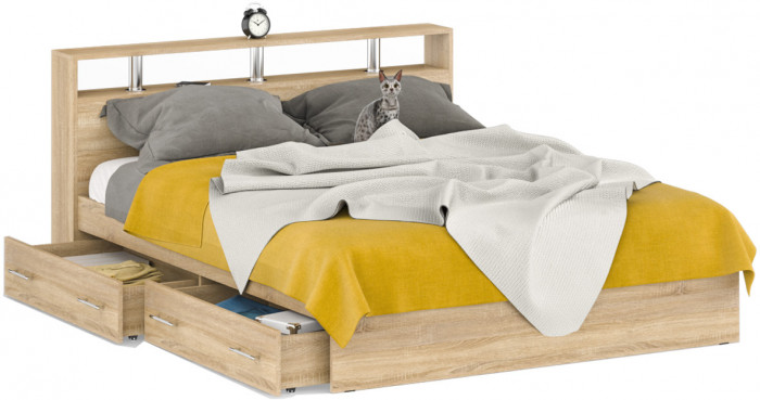 Камелия Кровать с ящиками 1600, цвет дуб сонома, ШхГхВ 163,5х217х78,2 см., сп.м. 1600х2000 мм., без матраса, основание есть