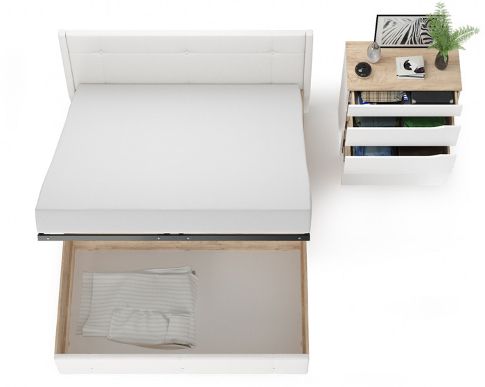 Муссон Кровать 11.28 + подъёмный ортопед + Комод 13.97, цвет белый/дуб эндгрейн элегантный/кожзам белый, сп. м. 1600х2000 мм., б/м