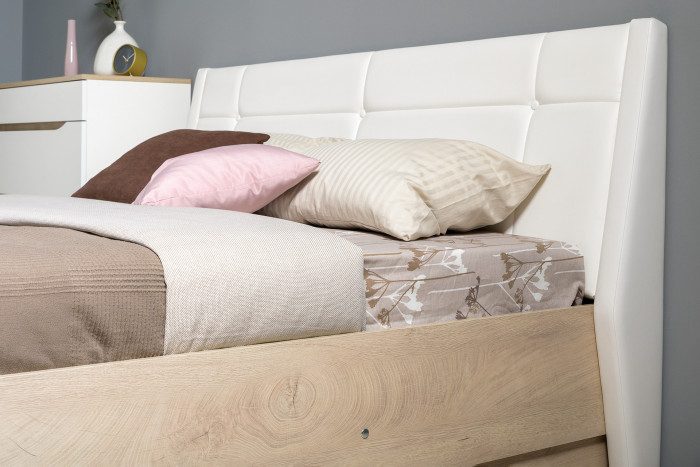 Муссон Кровать 11.28 + подъёмный ортопед + Комод 13.97, цвет белый/дуб эндгрейн элегантный/кожзам белый, сп. м. 1600х2000 мм., б/м