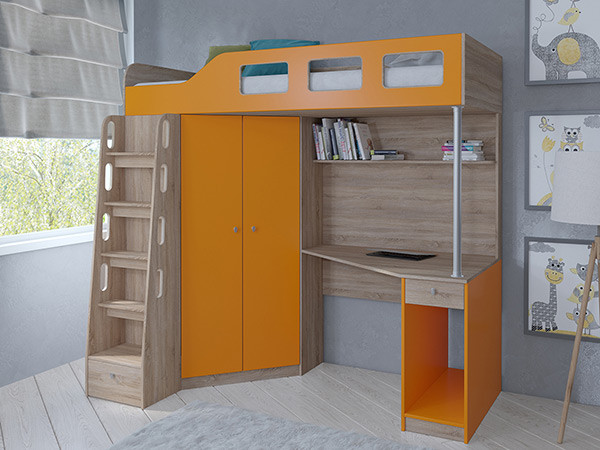 Кровать чердак Астра 7 Сонома/Оранжевый