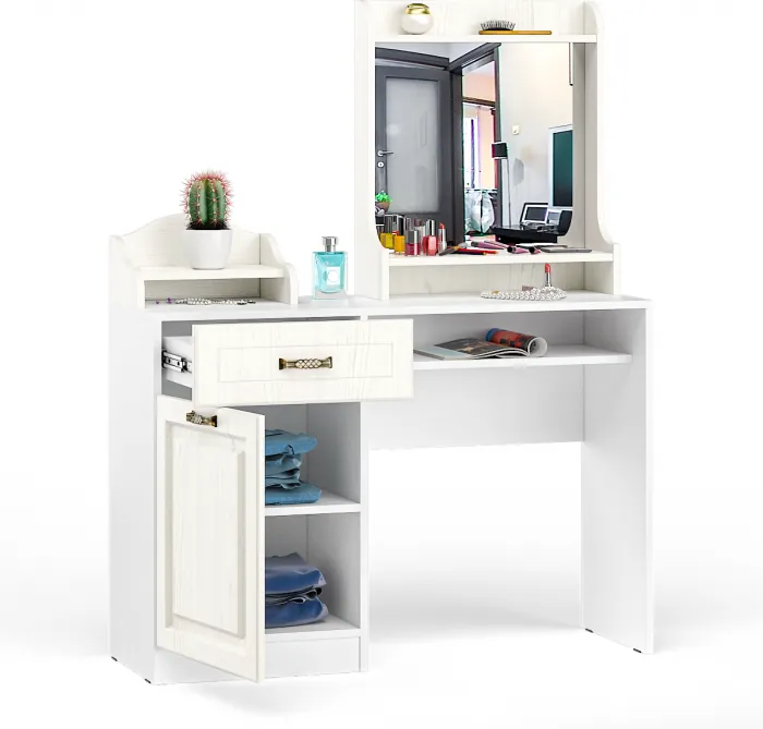 Ливерпуль Стол туалетный 12.46 + Полка 10.118 + Полка 10.117, цвет ясень ваниль/белый, ШхГхВ 119,8х41,3х152,3 см., НЕ универсальная сборка