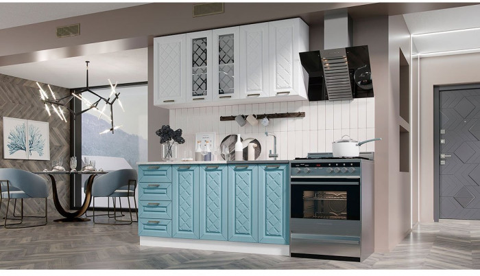 Кухня МДФ Агава 1600, Акация белая/Аква