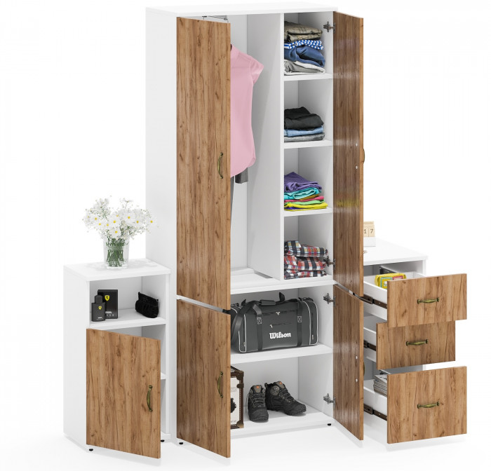 Лидер-8 Шкаф МД 20Б + Тумба МД 3.16 + Тумба МД 3.19, цвет белый шагрень/крафт золото, ШхГхВ 160х50х190 см., НЕ универсальная сборка