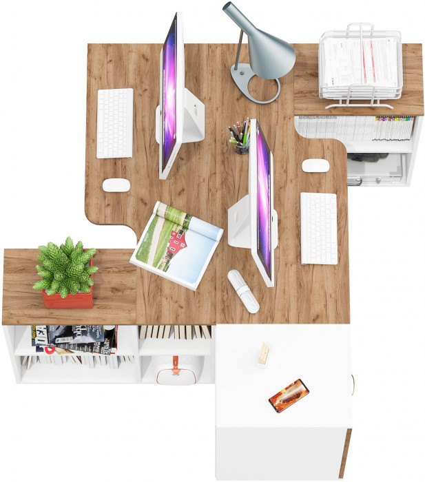 Лидер-8 Стол + Стол + Тумба МД 3.16, цвет белый шагрень/крафт золото, ШхГхВ 370х50/30х75 см. или 230х50/120х75 см., НЕ универсальная сборка