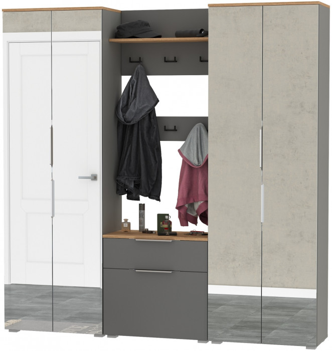 Октава Прихожая 27, цвет серый графит/дуб крафт золотой/фасады МДФ серый графит, ШхГхВ 193,7х35,4х197,6 см., универсальная сборка