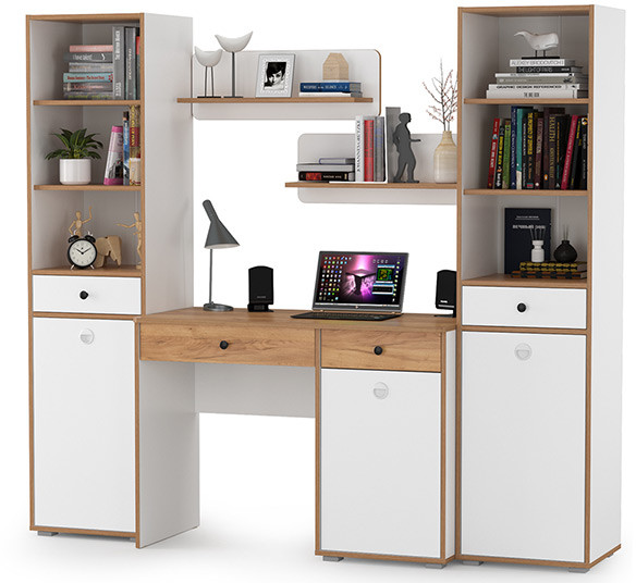 Вуди Компоновка № 09, цвет белый премиум/дуб крафт золотой, ШхГхВ 200х52,7х180,3 см., универсальная сборка