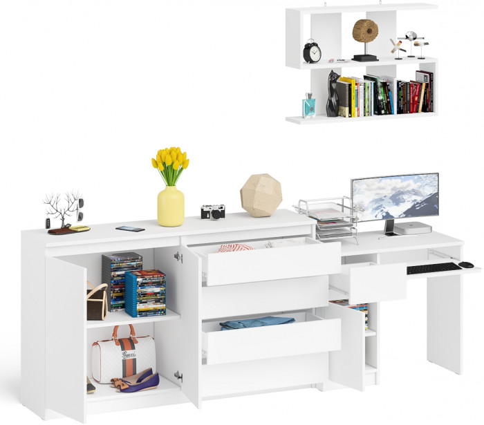 Мори Стол компьютерный МС-1 левый + Комод МК1600.1 + Полка 900, цвет белый, ШхГхВ 250,4х50х209,6 см., НЕ универсальная сборка