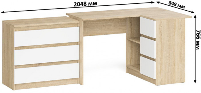 Мори Стол компьютерный МС-16 правый + Комод МК800.1, цвет дуб сонома/белый, ШхГхВ 204,8х84,9х76,6 см., выдвижные ящики справа, НЕ универсальная сборка