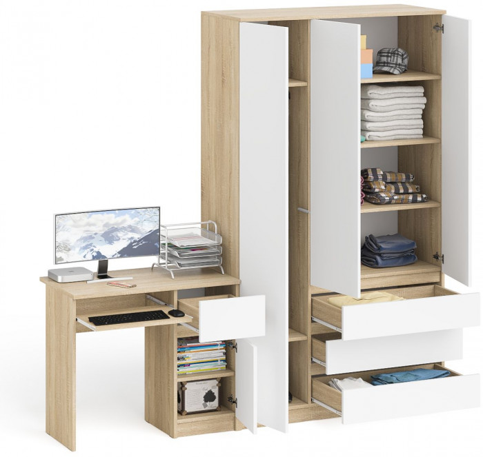 Мори Стол компьютерный МС-1 правый + Шкаф МШ1200.1, цвет дуб сонома/белый, ШхГхВ 210,4х50,4х209,6 см., выдвижной ящик справа, НЕ универсальная сборка