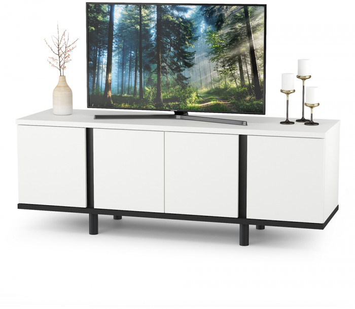 Муссон Кровать 11.28 + подъёмный ортопед + Тумба 16.03 + Тумба ТВ 13.276, цвет белый/чёрный/дуб эндгрейн элегантный/кожзам белый, 1600х2000 мм., б/м