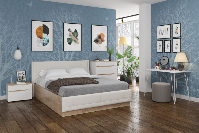 Муссон Кровать 11.28 + подъёмный ортопед + Тумба 16.03, цвет белый/дуб эндгрейн элегантный/кожзам белый, сп. м. 1600х2000 мм., б/м