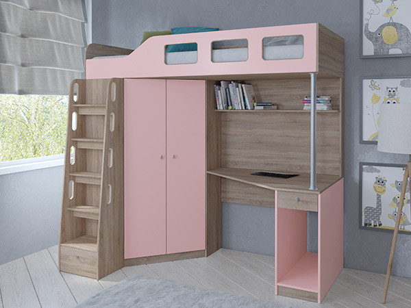 Кровать чердак Астра 7 Сонома/Розовый