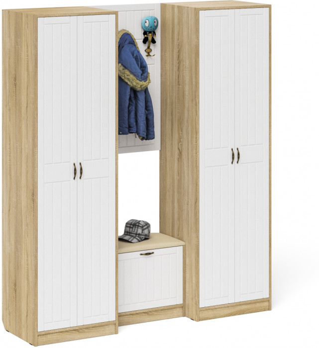 Прихожая П-6 Компоновка № 09, цвет дуб сонома/фасады МДФ белое дерево фрезеровка прованс, ШхГхВ 180х50х210 см., универсальная сборка