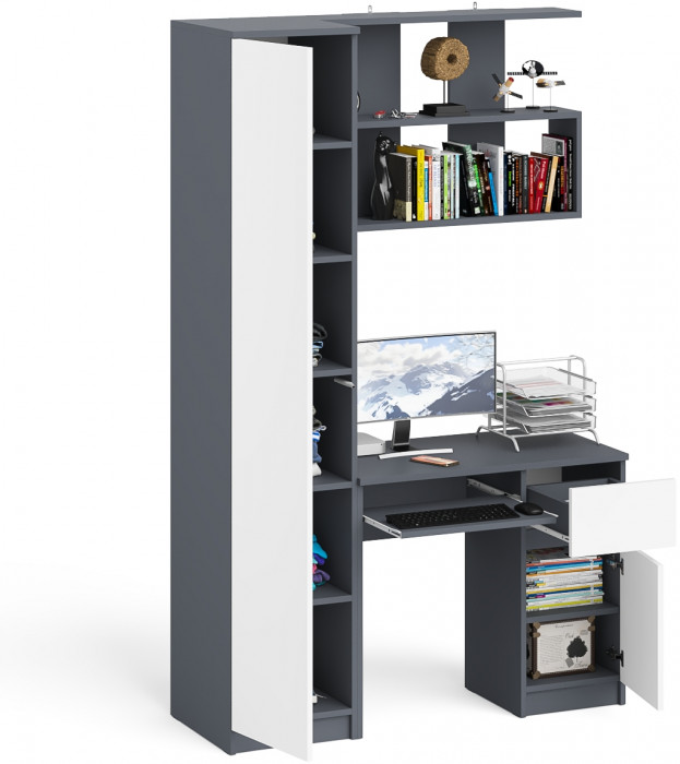 Мори Стол компьютерный МС-1 правый + Пенал МШ400.1 + Полка 900, цвет графит/белый, ШхГхВ 130,4х50,4х209,6 см., НЕ универсальная сборка