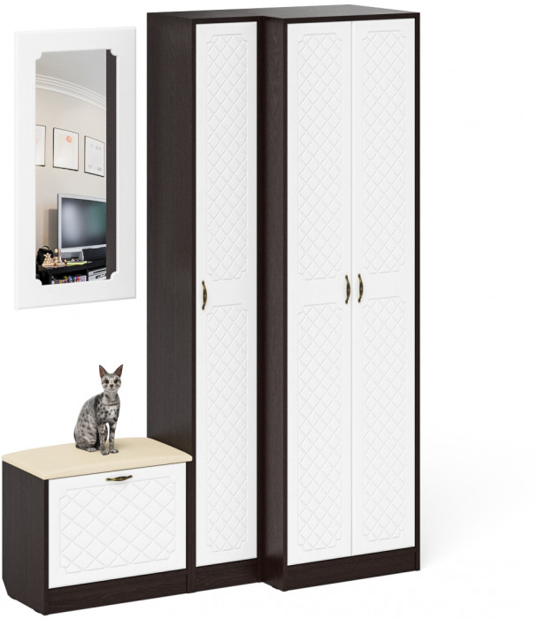 Прихожая П-6 Компоновка № 26, цвет венге/фасады МДФ белое дерево фрезеровка ромб, ШхГхВ 150х50х210 см., универсальная сборка