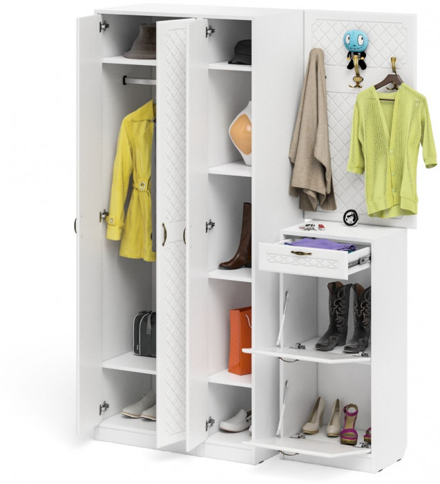 Прихожая П-6 Компоновка № 50, цвет белая шагрень/фасады МДФ белое дерево фрезеровка ромб, ШхГхВ 150х50х210 см., универсальная сборка