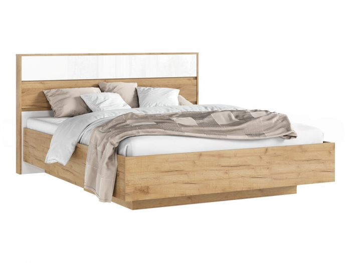 Роджина Кровать парящая 160 с ПМ с подсветкой, белый глянец холодный/дуб крафт