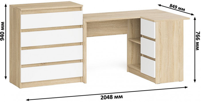 Мори Стол компьютерный МС-16 правый + Комод МК800.4, цвет дуб сонома/белый, ШхГхВ 204,8х84,9х94 см., выдвижные ящики справа, НЕ универс. сборка