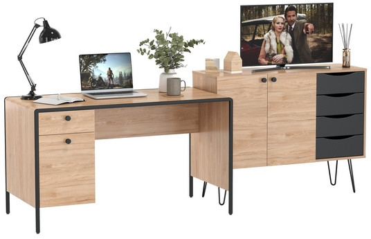 Брюс Стол письменный 12.157 + Комод 16.233, цвет чёрный/Battle rock Santiago/столешница МДФ ель карпатская, 243,4х62,6(38,3)х75(85,6) см., ун. сб.