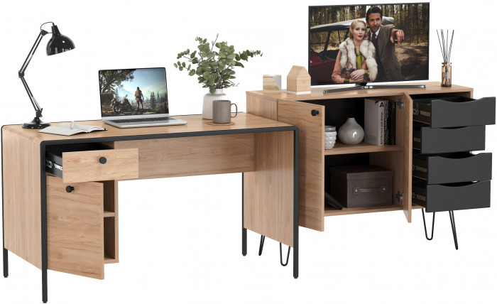 Брюс Стол письменный 12.157 + Комод 16.233, цвет чёрный/Battle rock Santiago/столешница МДФ ель карпатская, 243,4х62,6(38,3)х75(85,6) см., ун. сб.