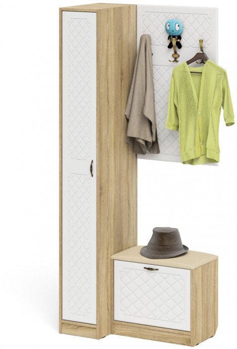 Прихожая П-6 Компоновка № 41, цвет дуб сонома/фасады МДФ белое дерево фрезеровка ромб, ШхГхВ 90х50х210 см., универсальная сборка