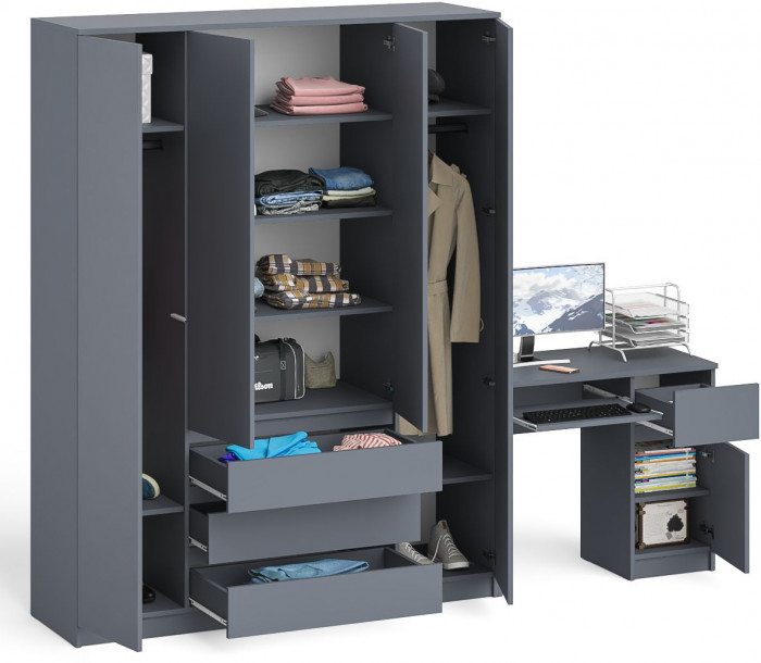Мори Стол компьютерный МС-1 правый + Шкаф МШ1600.1, цвет графит, ШхГхВ 250,4х50,4х209,6 см., выдвижной ящик справа, НЕ универсальная сборка