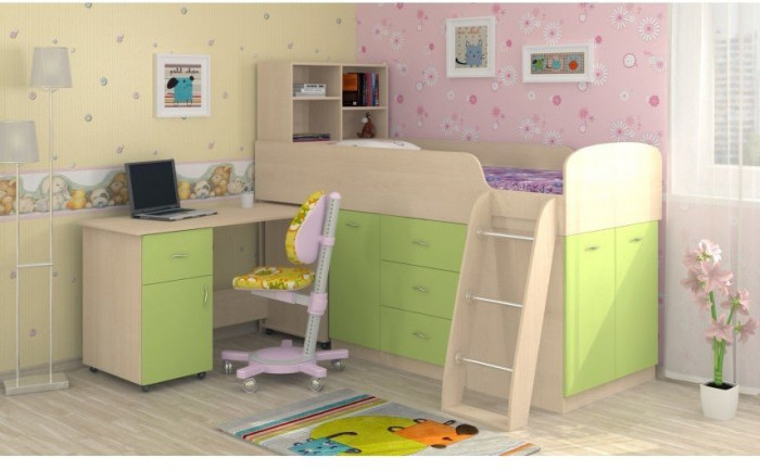 Детская кровать-чердак Дюймовочка-1, Дуб молочный / Зеленый