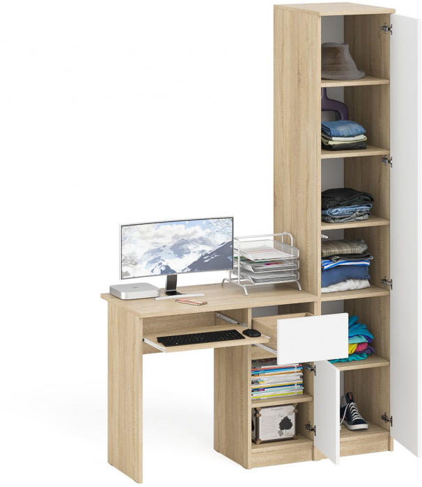 Мори Стол компьютерный МС-1 правый + Пенал МШ400.1, цвет дуб сонома/белый, ШхГхВ 130,4х50,4х209,6 см., выдвижной ящик справа, НЕ универсальная сборка