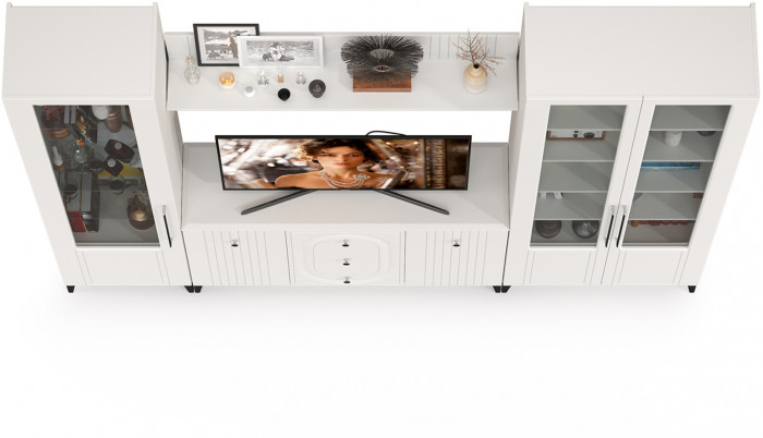 Валенсия Гостиная № 098, цвет ЛДСП белый шагрень/МДФ белый шагрень, ШхГхВ 272,3х38,4х225,2 см., ниша для ТВ 133х38х100 см., универсальная сборка