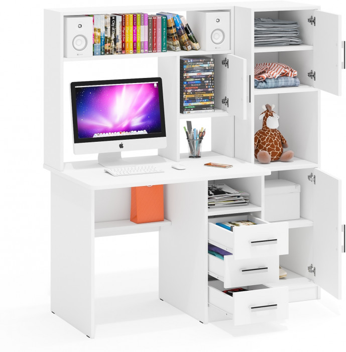 Стол компьютерный С-МД-СК9+Пенал С-МД-СК9П, цвет белый шагрень, ШхГхВ 145х70х160 см., НЕ универсальная сборка
